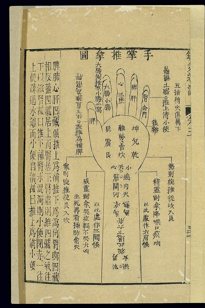 Chinese tuina-houtsnede van de handpalm en onderarm van een kind, uit een boek uit 1817.