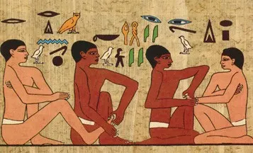 Egyptian scene from Ankhmahor’s tomb showing two pairs of people performing hand and foot treatments.